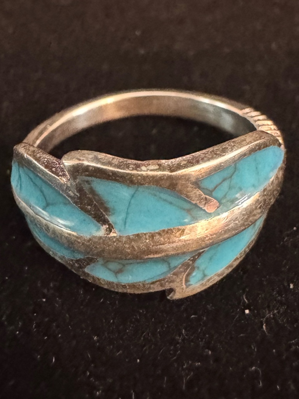Turquoise Inlay sterling Silver Leaf Ring - Blue